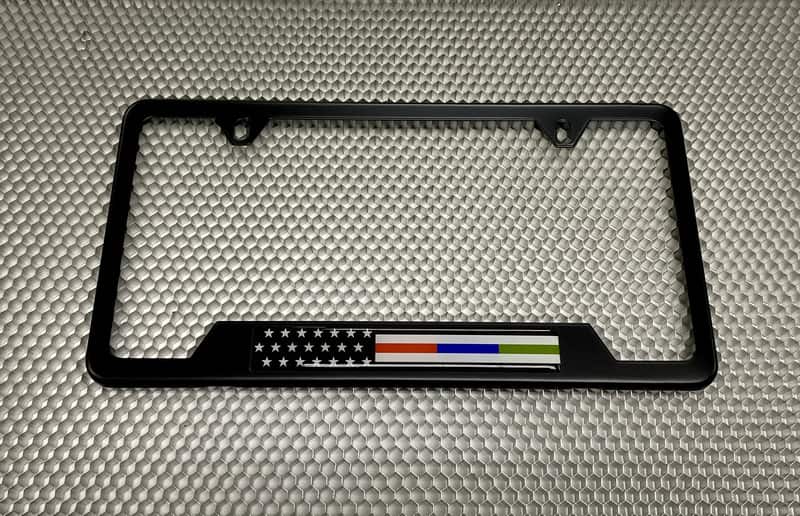 Law Enforcement, Military and Fire American Flag - Stainless Steel Black 2-hole Car License Plate Frame